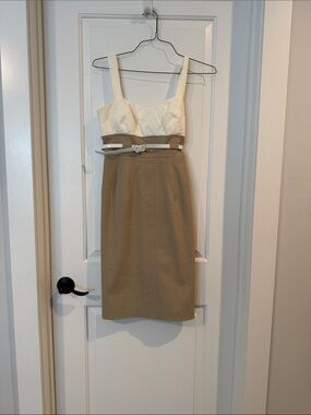 Tahari Cream and Tan Midi Dress with Belt